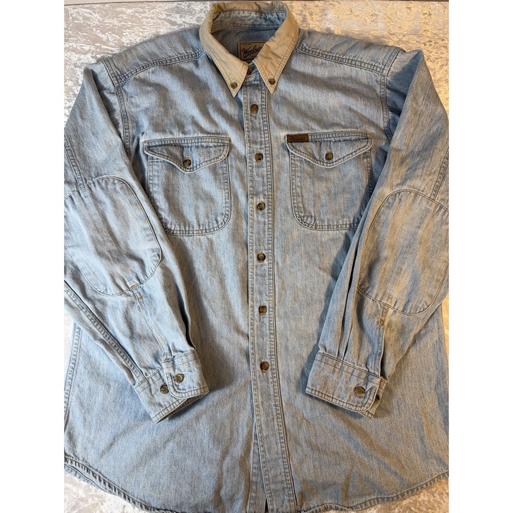 Woolrich‎ Denim Button Down Shirt Men's L Light Wash Cotton Outdoor Workwear